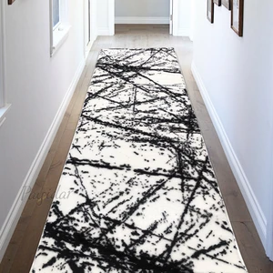 Safari Post Peluş Beyaz Siyah Desenli Yıkanabilir 150X850 cm Kaymaz Taban Kesme Yolluk Halı