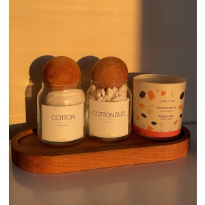 2’li Ahşap Kapaklı Cam Pamukluk Seti / Cotton- Cotton Bud /ahşap Büyük Boy Stand