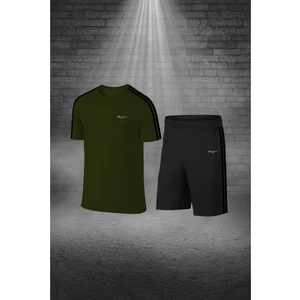 Büyük Beden Erkek Haki Dri-Fit Kumaş Yürüyüş ve Koşu Için Konforlu Cepli Sıfır Yaka Tişört Şort Ikili Alt Üst Set  (4XL-10XL)