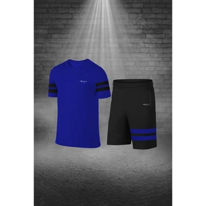 Poseidon Storm Büyük Beden Erkek Mavi Dri-Fit Kumaş Yürüyüş ve Koşu Için Konforlu Cepli Kısa Kol Tişört Şort Ikili Takım  (4XL-10XL)