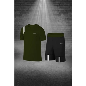Poseidon Storm Büyük Beden Erkek Haki Dri-Fit Kumaş Yürüyüş Için Konforlu Cepli Sıfır Yaka Tişört Şort Seti  (4XL-10XL)