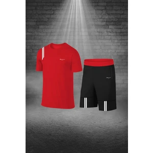 Büyük Beden Erkek Kırmızı Dri-Fit Kumaş Spor Için Konforlu Cepli Bisiklet Yaka Tişört Şort Alt Üst Takım  (4XL-10XL)