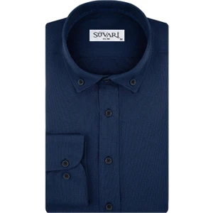 Slim Fit Armür Desenli Lacivert Erkek Gömlek