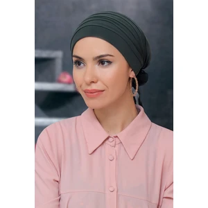 Hürrem Bone Haki Pratik Hazır Geçmeli Tesettür Bone Sandy Kumaş Pileli Nervürlü Güllü 1806_09