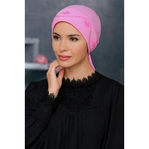 Hürrem Bone Pembe Pratik Hazır Geçmeli Tesettür Bone Sandy Kumaş Güllü Boncuklu Işlemeli 1206_04