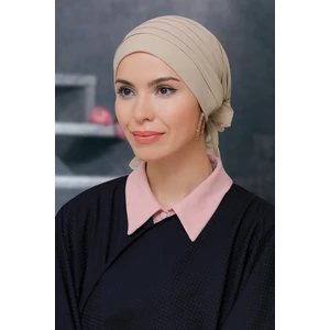Hürrem Bone Bej Pratik Hazır Geçmeli Tesettür Bone Sandy Kumaş Pileli Nervürlü Güllü 1806_12