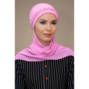 Hürrem Bone Pembe Pratik Hazır Geçmeli Tesettür Bone Sandy Kumaş Örgülü Güllü Şifon Atkılı 1203A_04