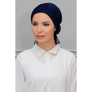 Hürrem Bone Lacivert Pratik Hazır Geçmeli Tesettür Bone Sandy Kumaş Incili Pileli Nervürlü Güllü 1805_02