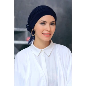 Hürrem Bone Lacivert Pratik Hazır Geçmeli Tesettür Bone Sandy Kumaş Pileli Nervürlü Güllü 1806_02
