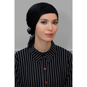Hürrem Bone Siyah Pratik Hazır Geçmeli Tesettür Bone Sandy Kumaş Incili Pileli Nervürlü Güllü 1805_01