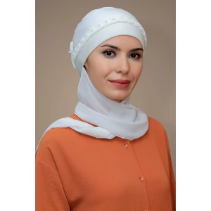 Hürrem Bone Krem Pratik Hazır Geçmeli Tesettür Bone Sandy Kumaş Örgülü Güllü Şifon Atkılı 1203A_40