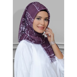 Hürrem Bone Mürdüm Pratik Hazır Geçmeli Tesettür Eşarp Kesik Elyaf Piliseli Çizgili Desenli 1818D2_07