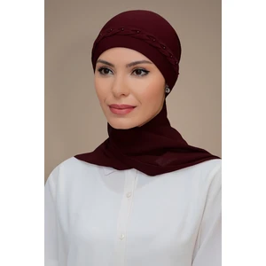 Hürrem Bone Bordo Pratik Hazır Geçmeli Tesettür Bone Sandy Kumaş Örgülü Güllü Şifon Atkılı 1203A_16