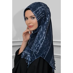 Hürrem Bone Lacivert Pratik Hazır Geçmeli Tesettür Eşarp Kesik Elyaf Piliseli Çizgili Desenli 1818D2_02
