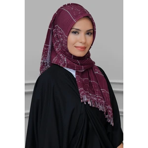 Hürrem Bone Bordo Pratik Hazır Geçmeli Tesettür Eşarp Kesik Elyaf Piliseli Çizgili Desenli 1818D2_16