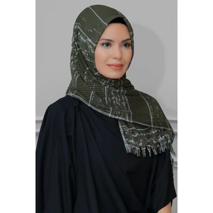 Hürrem Bone Haki Pratik Hazır Geçmeli Tesettür Eşarp Kesik Elyaf Piliseli Çizgili Desenli 1818D2_09