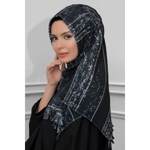 Hürrem Bone Füme Pratik Hazır Geçmeli Tesettür Eşarp Kesik Elyaf Piliseli Çizgili Desenli 1818D2_25