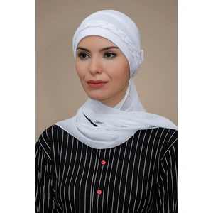 Hürrem Bone Beyaz Pratik Hazır Geçmeli Tesettür Bone Sandy Kumaş Örgülü Güllü Şifon Atkılı 1203A_42
