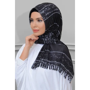 Hürrem Bone Siyah Pratik Hazır Geçmeli Tesettür Eşarp Kesik Elyaf Piliseli Çizgili Desenli 1818D2_01
