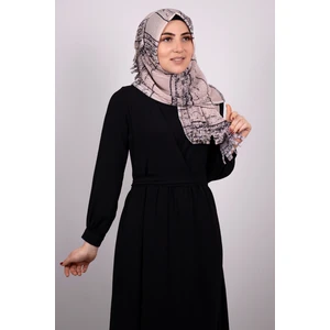 Hürrem Bone Pudra Pratik Hazır Geçmeli Tesettür Eşarp Kesik Elyaf Piliseli Çizgili Desenli 1818D2_06