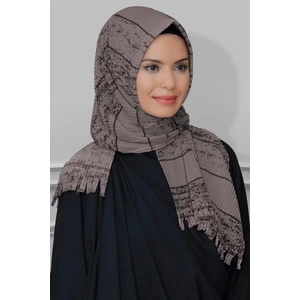 Hürrem Bone Vizon Pratik Hazır Geçmeli Tesettür Eşarp Kesik Elyaf Piliseli Çizgili Desenli 1818D2_10