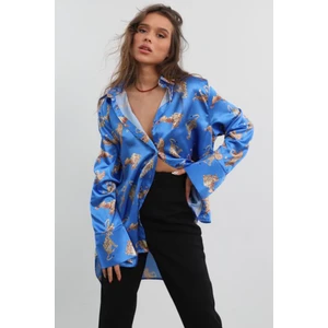 Mad Girls Leoparlı Mavi Saten Gömlek MG187