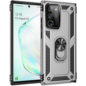 Case 4U Samsung Galaxy Note 20 Ultra Uyumlu Kılıf Çift Katmanlı Yüzüklü Manyetik Vega Kapak Gümüş