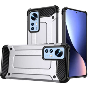 Case 4U Xiaomi Mi 12 Kılıf Military Armor Çift Katmanlı Crash Silikon Kılıf Gümüş