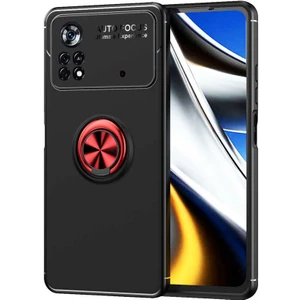 Case 4U Xiaomi Poco M4 Pro 4G Kılıf Autofocus Shockprof Ravel Yüzüklü Standlı Slikon Kapak Siyah - Kırmızı
