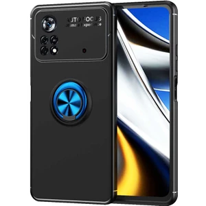 Case 4U Xiaomi Poco M4 Pro 5G Kılıf Autofocus Shockprof Ravel Yüzüklü Standlı Slikon Kapak Siyah - Mavi