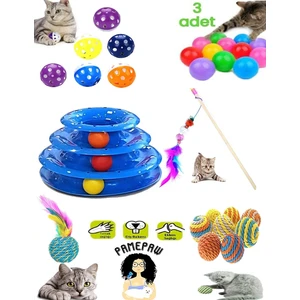 8'li Set: Sarma Topu+3'lü Renkli Top+Oyun Topu Tüylü + Kedi Oltası+3 Katlı Oyuncak +Çıngıraklı Top