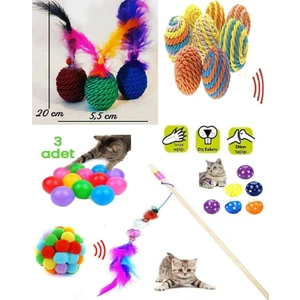 8'li Set: Ip Sarma Topu +3'lü Renkli Top+ Kedi Oyun Topu Tüylü + Kedi Oltası Kedi Oyuncağı+Ponpon Top+Top