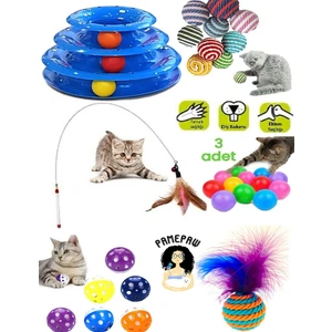 8'li Set: Ip Sarma Topu +3'lü Renkli Top+Kedi Oyun Topu Tüylü +Yaylı Kedi Oltası+3 Katlı Oyuncak+Top