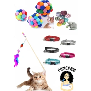 Pet Kedi Oyun Oltası 90 cm ve Ip Sarma Topu ve Kedi Renkli Tasma ve Xxl Ponponlu Kedi Oyuncağı
