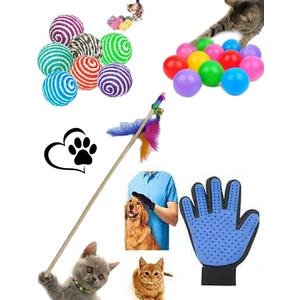 Kedi Köpek Tüy Toplayıcı Eldiven , Renkli Oyun Topu , Sarma Top , Oyun Oltası 50 cm Avantaj Seti