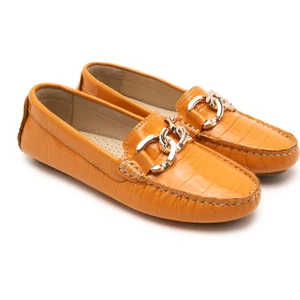 Rennahan Turuncu Kadın Kroko Baskılı Deri Loafer