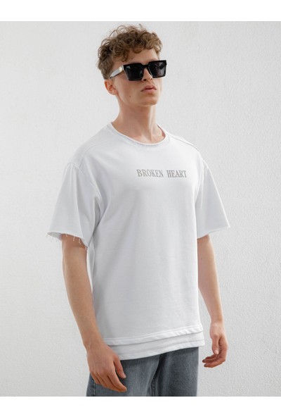 Abluka Online Online Broken Heart Baskılı Oversize Örme T-Shirt Beyaz