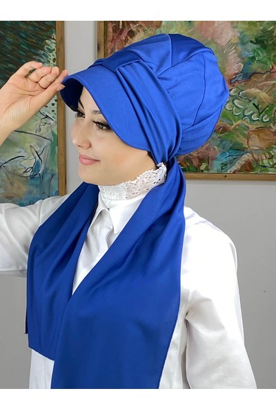 Yoisho Store Fularlı Tesettür Saks Mavi Şapka Bone