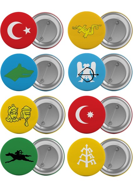 Eski Türk Devletleri Çanta Rozeti Seti 8 Adet En Büyük Boy 5.8cm Iğneli Broş