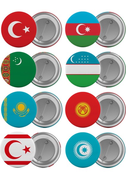 Bağımsız Türk Devletleri Çanta Rozeti Seti 8 Adet En Büyük Boy 5.8cm Iğneli Broş