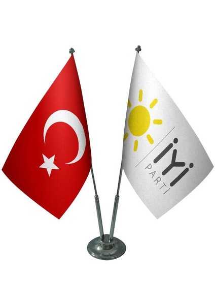 Masa Üstü Iyi Parti Bayrağı Türk Bayrağı Ikili Krom Direk Masa Bayrak Seti