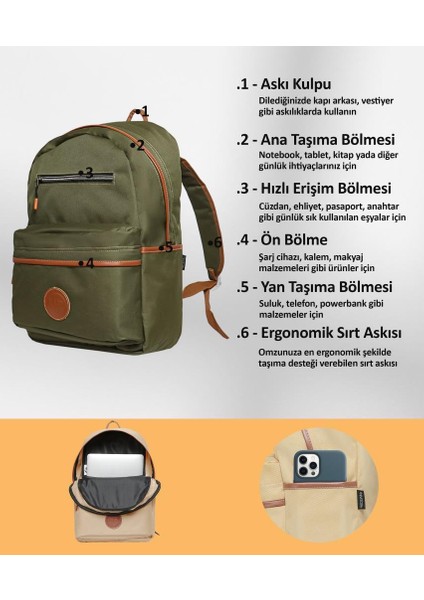 nJoy 16" Unisex Notebook & Günlük Sırt Çantası-Haki (NJ01KH)