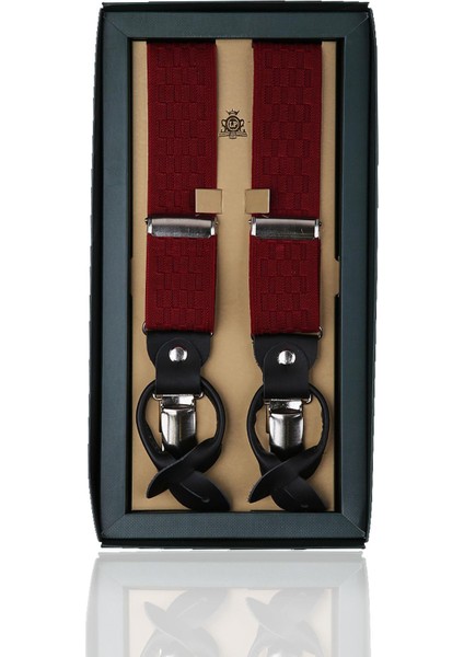 Deri Bağlantılı Düğme Delikli Jakarlı Bordo Pantolon Askısı PAN72