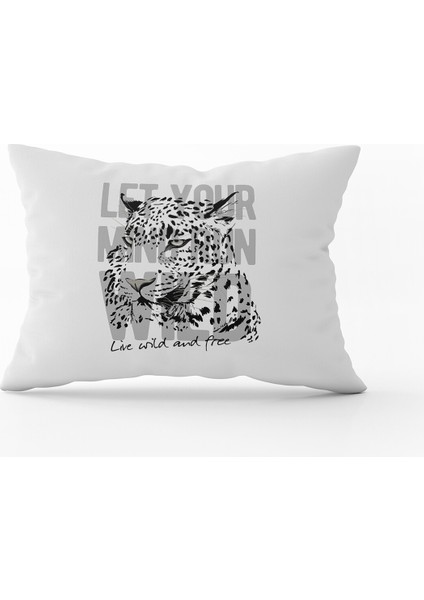 Beyaz Siyah Leopar Figürlü Yazılı Dijital Baskı Kırlent Yastık Kılıfı - CGH375-3550 Çift Tarafı Baskılı