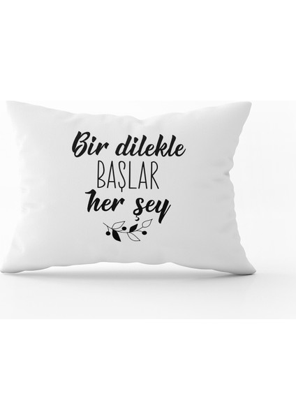 Siyah Beyaz Bir Dilekle Başlar Herşey Yazılı Modern Dijital Baskı Kırlent Yastık Kılıfı - CGH400-3550 Çift Tarafı Baskılı