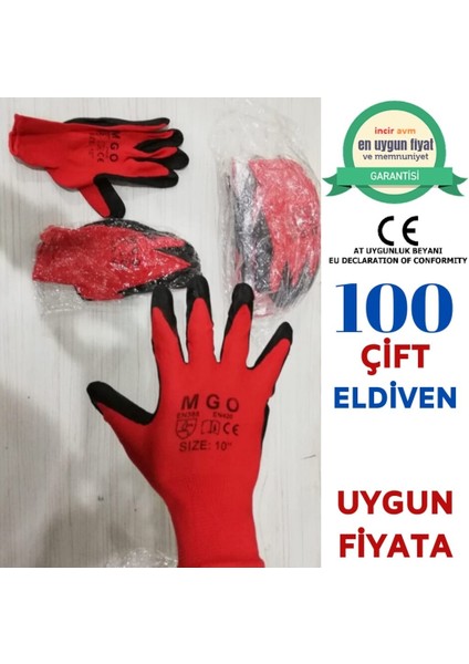 100 Çift Siyah Kırmızı Inşaat Eldiveni -Bahçe Eldiveni Iş