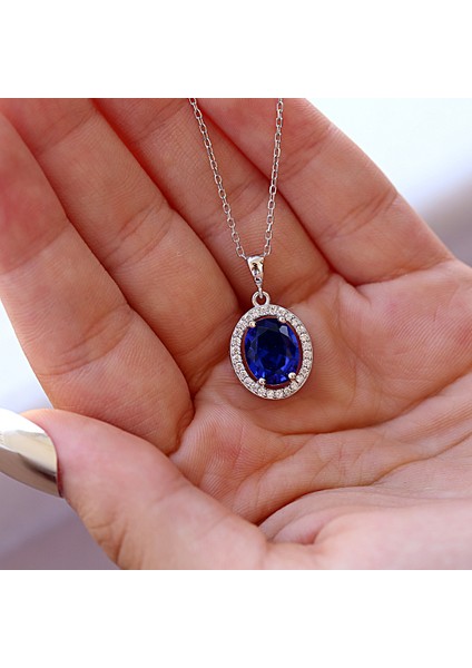 Lacivert Beyaz Zirkon Taşlı Oval Gümüş Kolye fiyatları