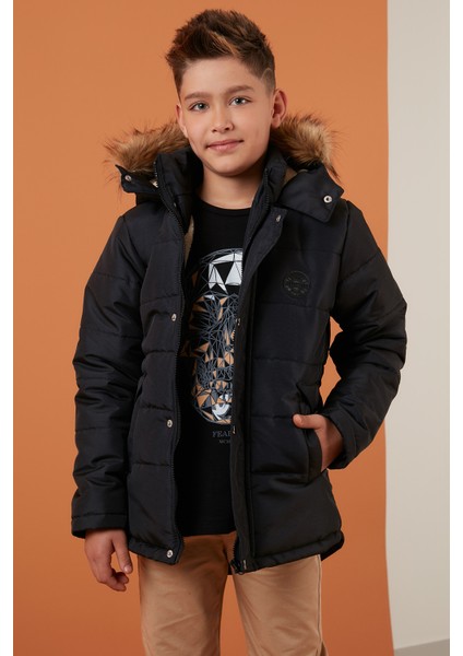 Yakası Suni Kürklü Peluş Astarlı Kapüşonlu Kışlık Mont Erkek Çocuk Mont 6036024 fiyatları