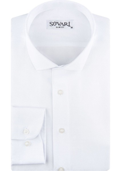 Erkek Slim Fit Armür Desenli Beyaz Gömlek
