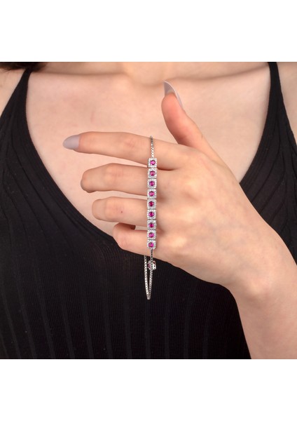 925 Ayar Gümüş Fuşya Zirkon Taşlı Kare Model Asansörlü Bileklik